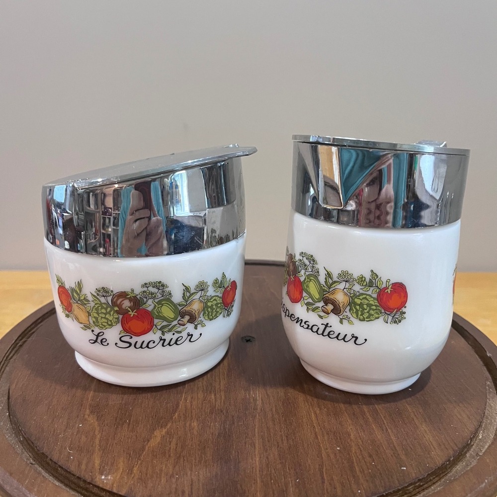Vtg Gemco Spice of Life Milk Glass Sugar Creamer Set MCM Retro Kitchen 1970s